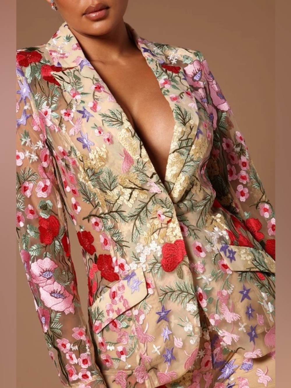 Fashion Nova NOVALUXE Erin Embroidered Blazer Nude Floral Size L NWT